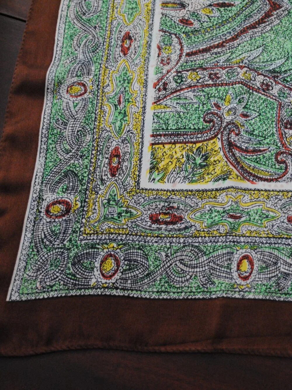 Large Vintage Brown, Yellow, & Green Floral Paisley Scarf